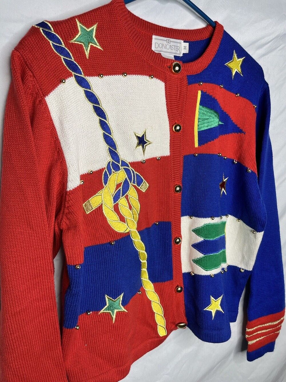 Doncaster Nautical Cardigan Sweater Size M Cruise Wear Bead Embellished 90s